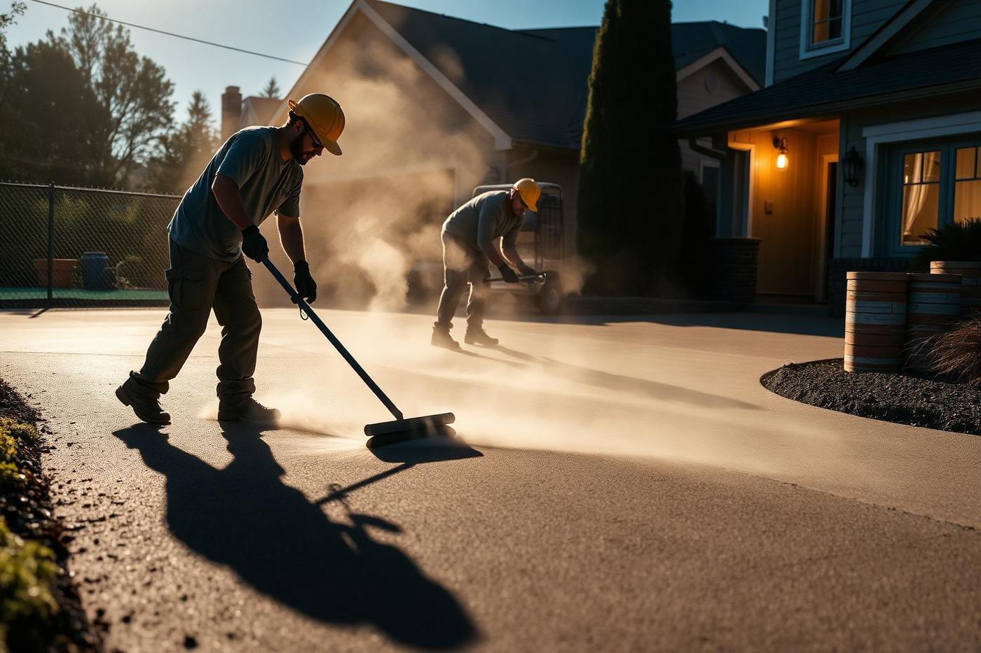 Concrete crew finishing a freshly poured residential driveway