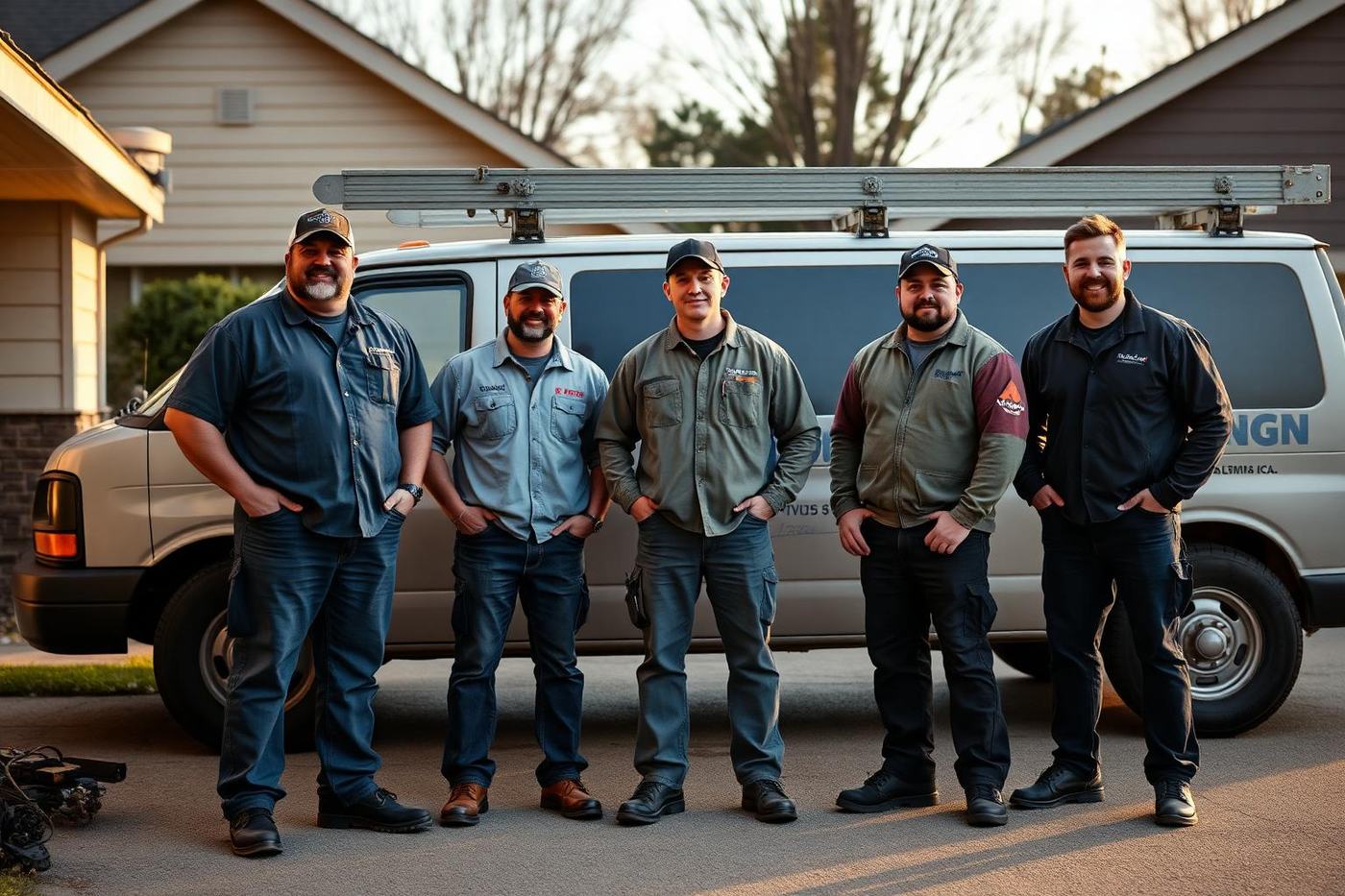 Home-service crew standing in front of a work truck