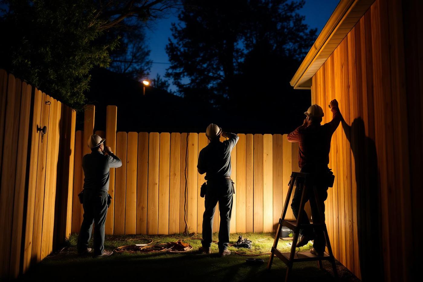 Crew installing a wood privacy fence in a backyard