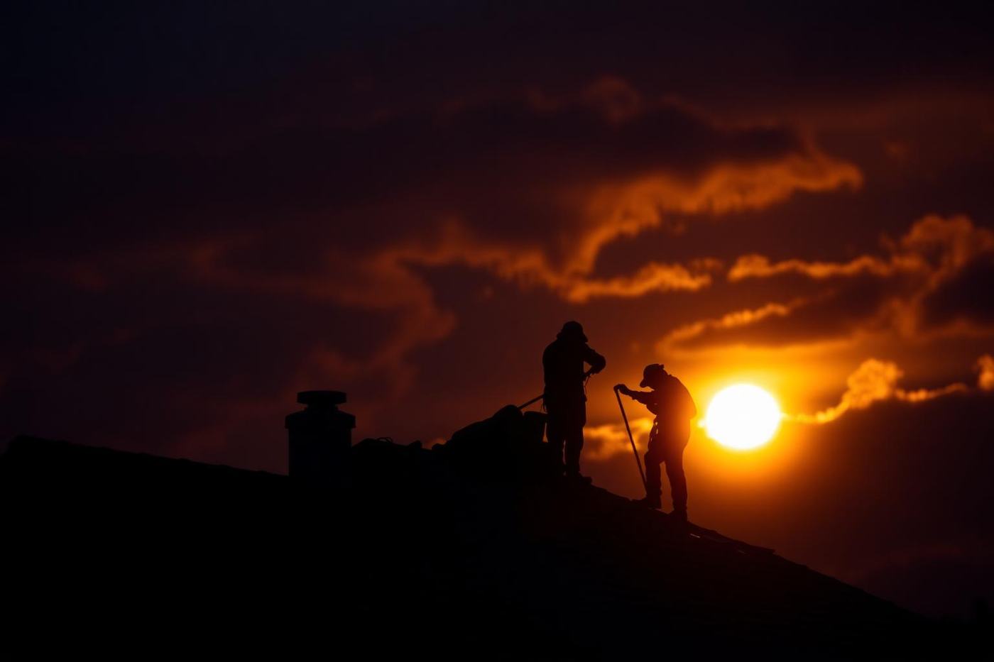 Roofing crew working on a steep roof at sunset
