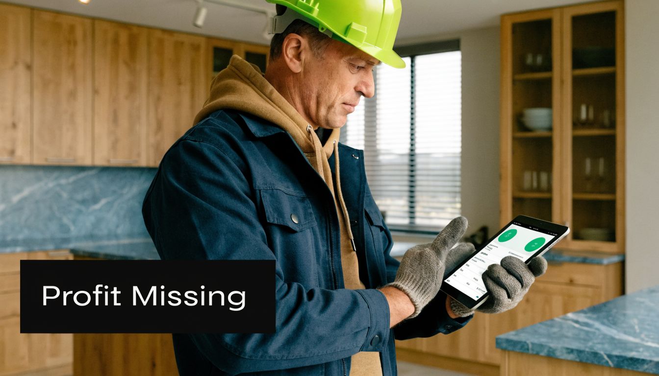 A construction manager wearing a hard hat uses a digital tablet in a modern kitchen renovation project.