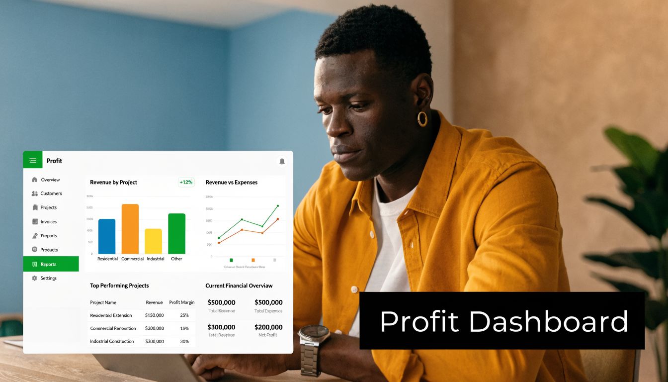 A professional man reviewing a digital profit dashboard on a laptop with charts and financial project data.