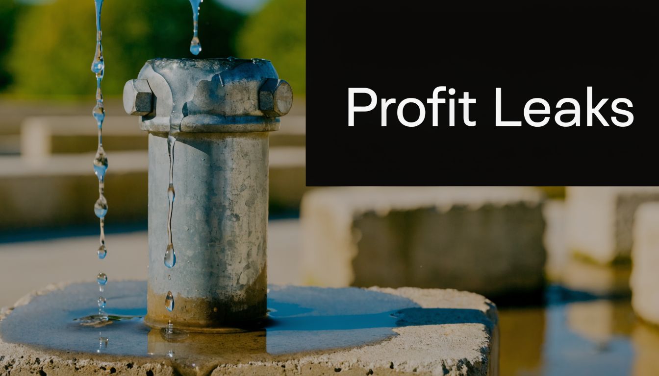 A close-up of a metallic pipe leaking water onto a concrete block with the text Profit Leaks.