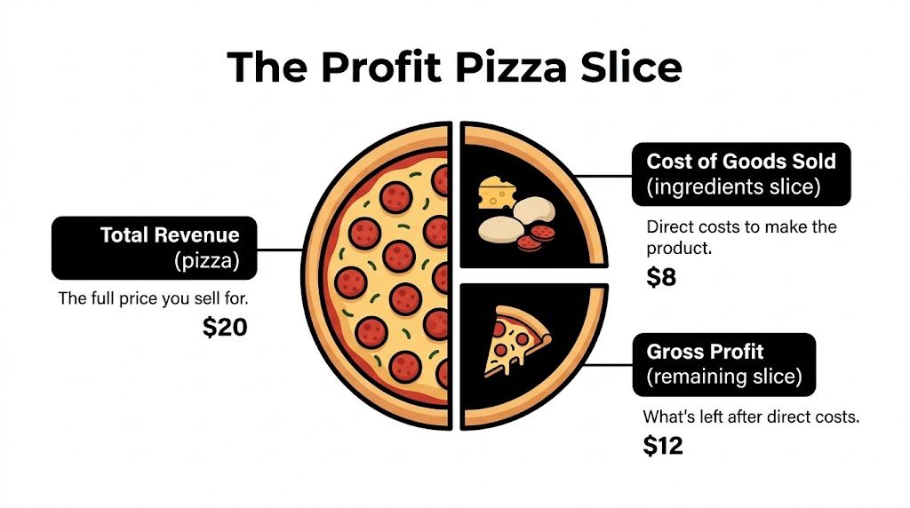 An infographic titled The Profit Pizza Slice explaining gross profit using a pizza divided into costs and profit.