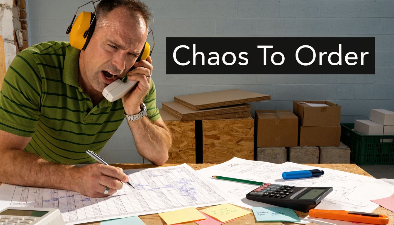 A stressed builder or project manager wearing headphones while speaking on the phone and checking blueprints.