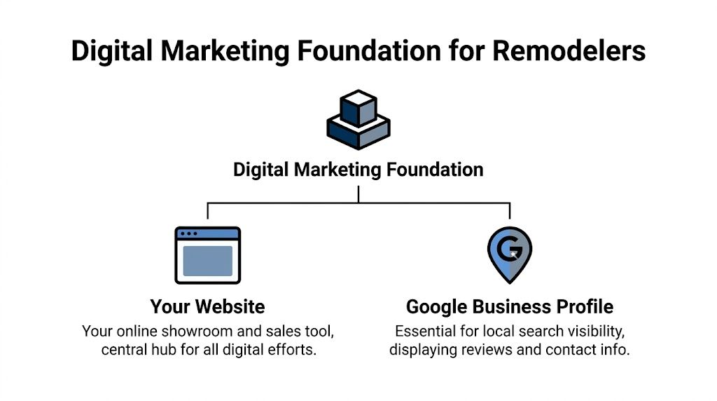 A diagram illustrating the digital marketing foundation for remodelers, featuring a website and Google Business Profile.