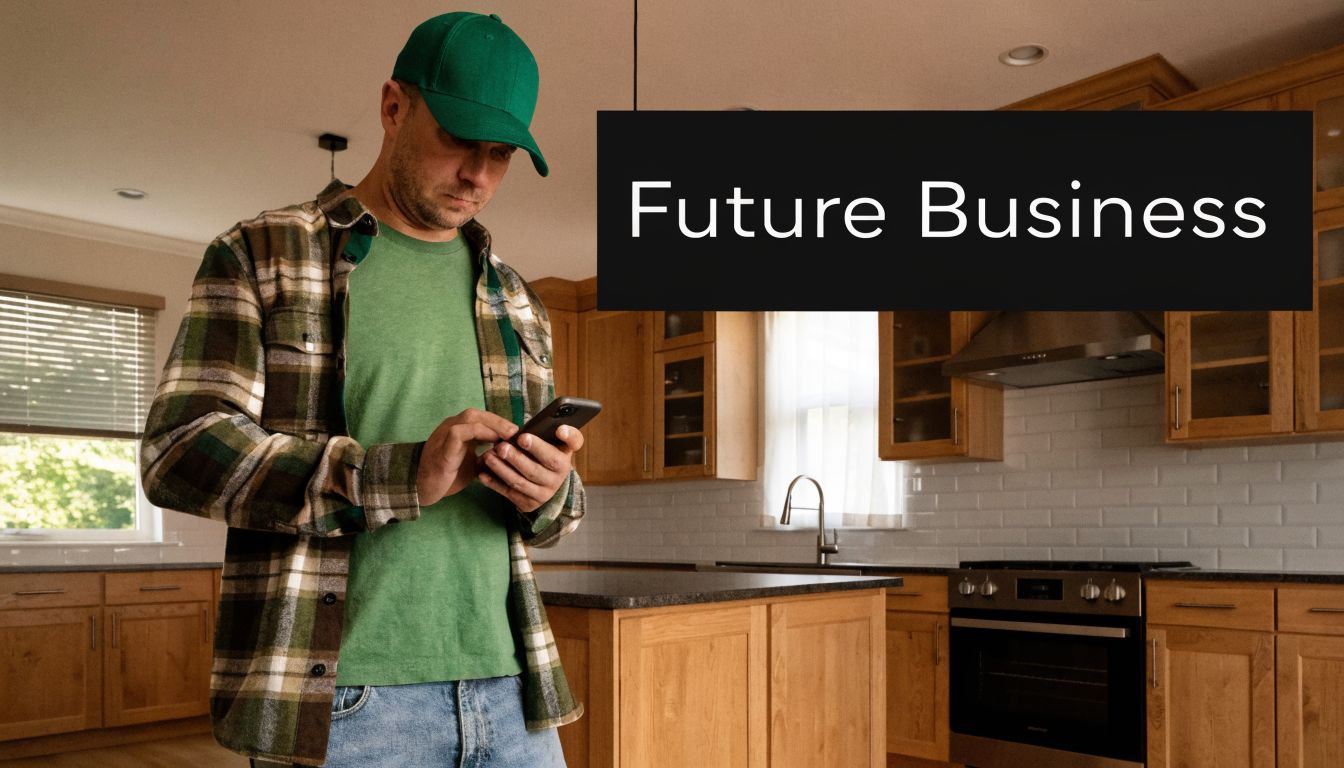 A man wearing a green cap and plaid shirt checks his phone in a modern kitchen setting.