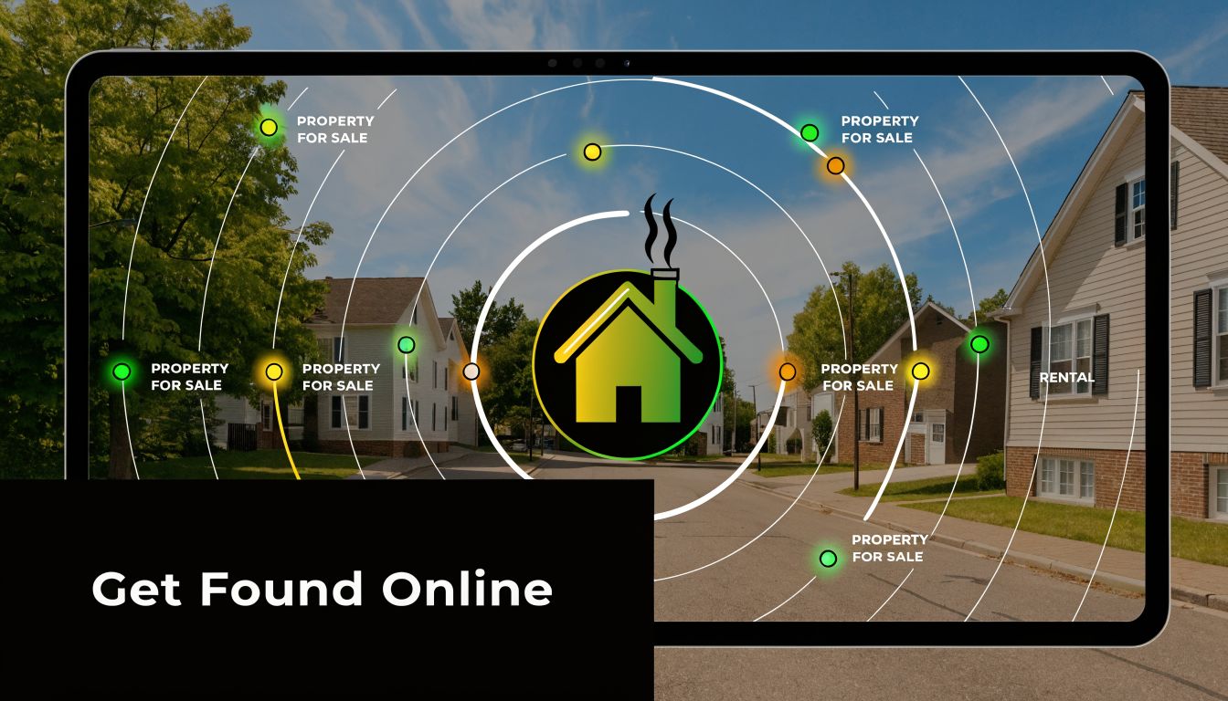 A digital screen showcasing real estate marketing concepts with house icons and property listings in a neighborhood.