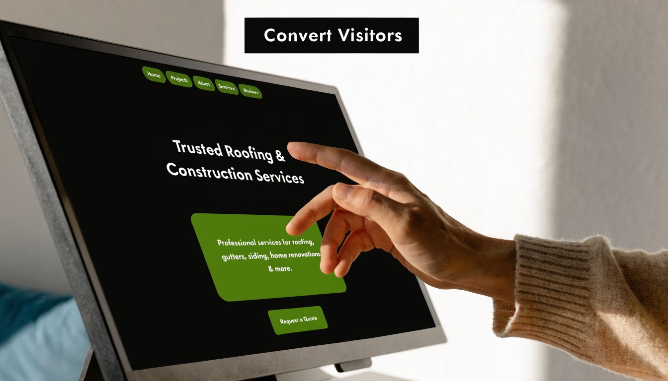A person touching a monitor screen displaying a professional roofing and construction company website landing page.