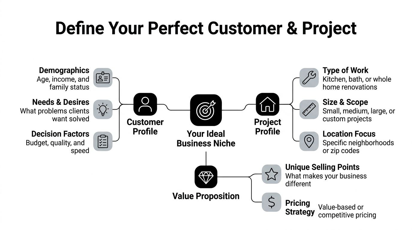 A diagram illustrating how to define your ideal business niche by outlining customer, project, and value propositions.