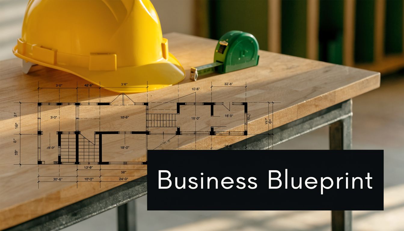 A yellow hard hat and a measuring tape resting on a wooden table displaying house blueprints.