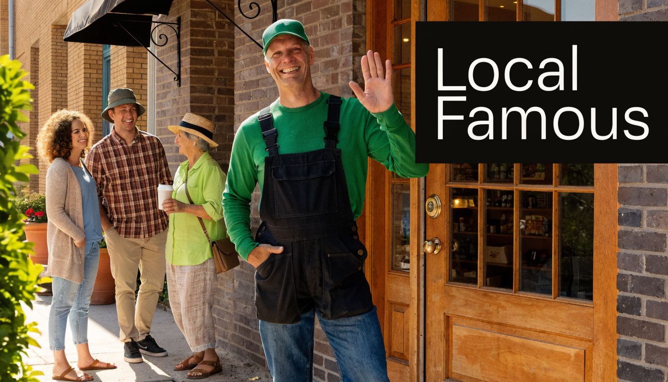 A friendly contractor in green uniform and overalls greeting customers outside a brick storefront.