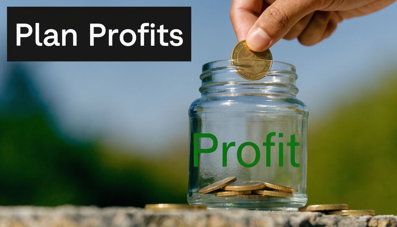 A hand placing a gold coin into a glass jar labeled with the word Profit.