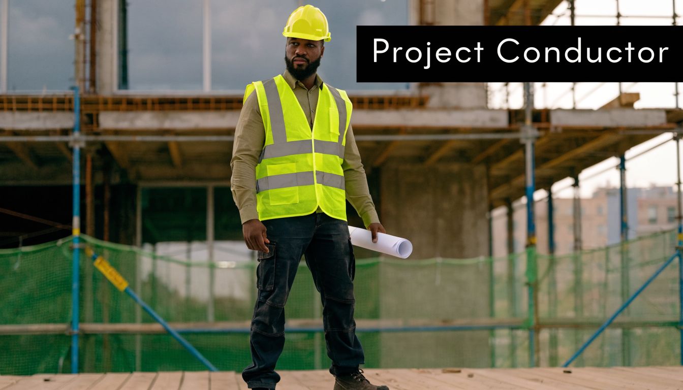 A professional construction project manager wearing a safety helmet and high visibility vest on a building site.