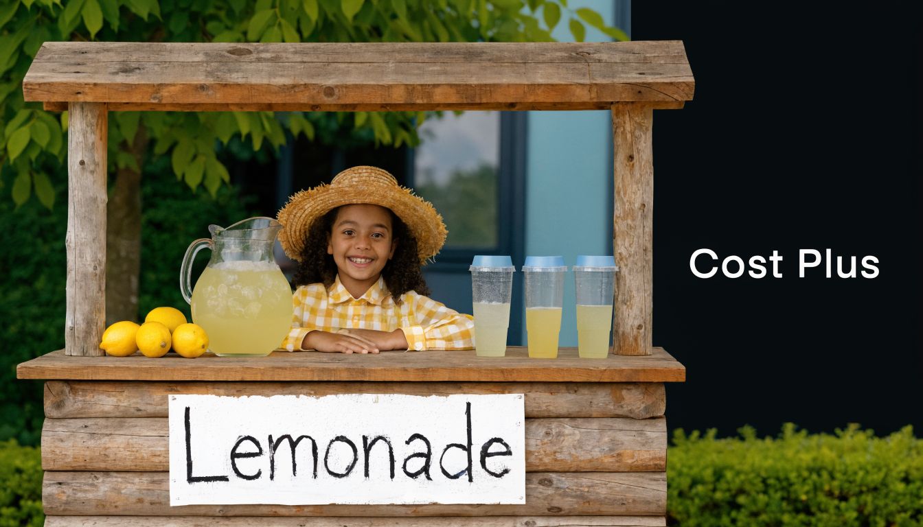A young girl with a straw hat sitting behind a wooden lemonade stand outdoors on a sunny day.