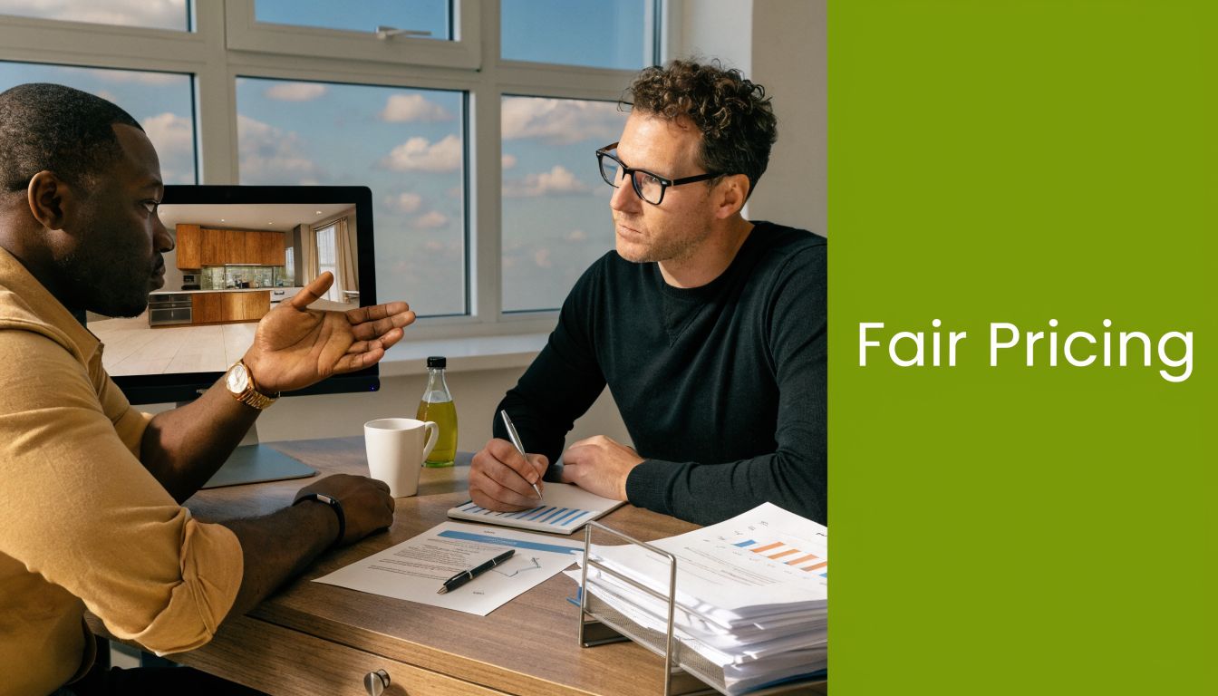 A professional general contractor discusses project pricing and home renovation plans with a client in an office.