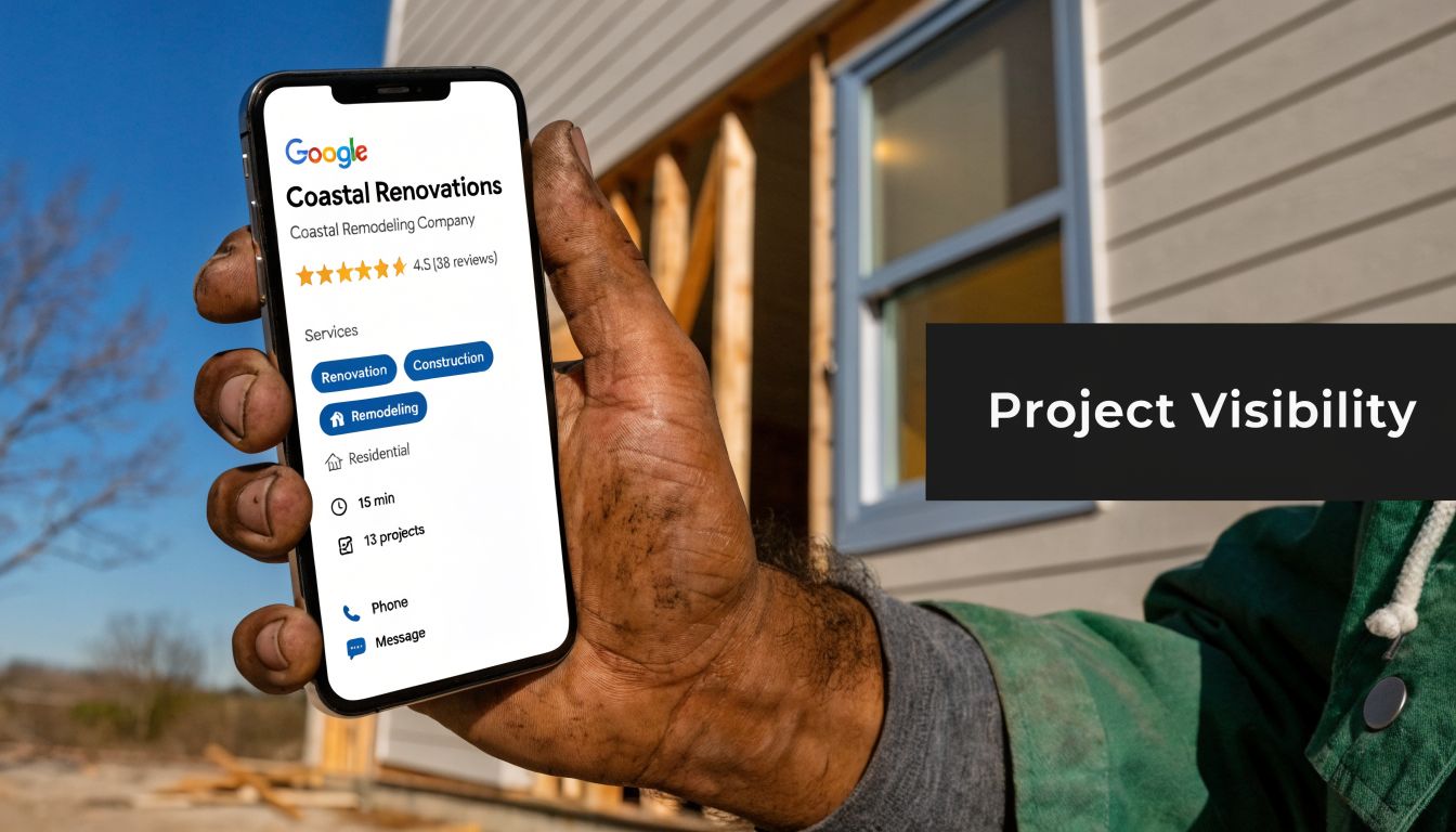 A construction worker holds a smartphone displaying a Google Business Profile for Coastal Renovations on a job site.