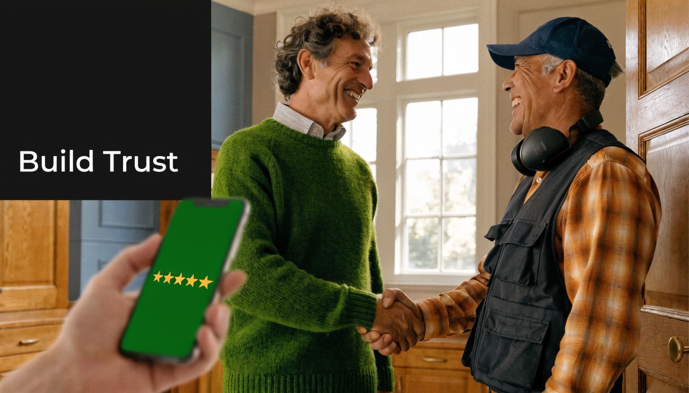 A contractor and a homeowner shaking hands with a five-star review shown on a smartphone foreground.