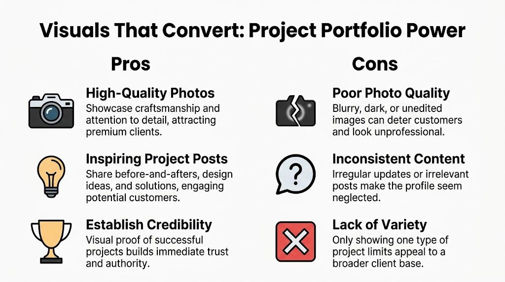 A comparison chart showing the pros and cons of visual content in a contractor project portfolio.