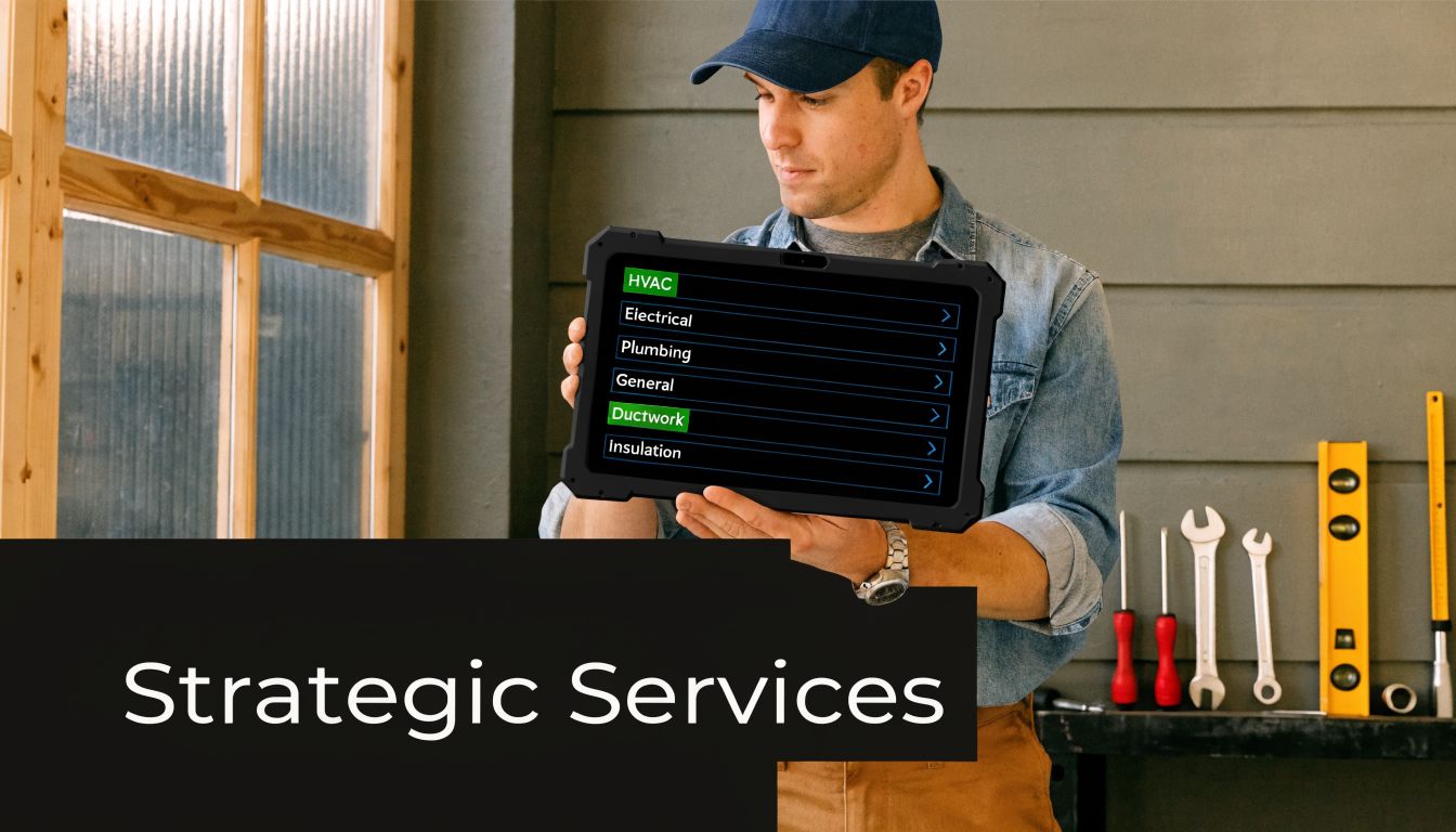 A professional contractor holding a tablet showing a digital list of home maintenance services provided.