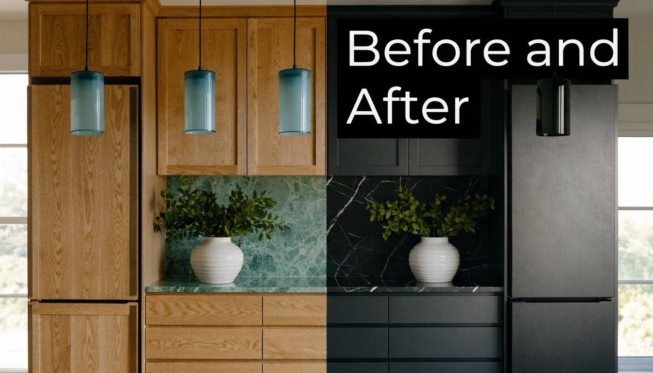 A split screen comparing a kitchen design featuring light oak wood cabinetry against a modern dark black interior.