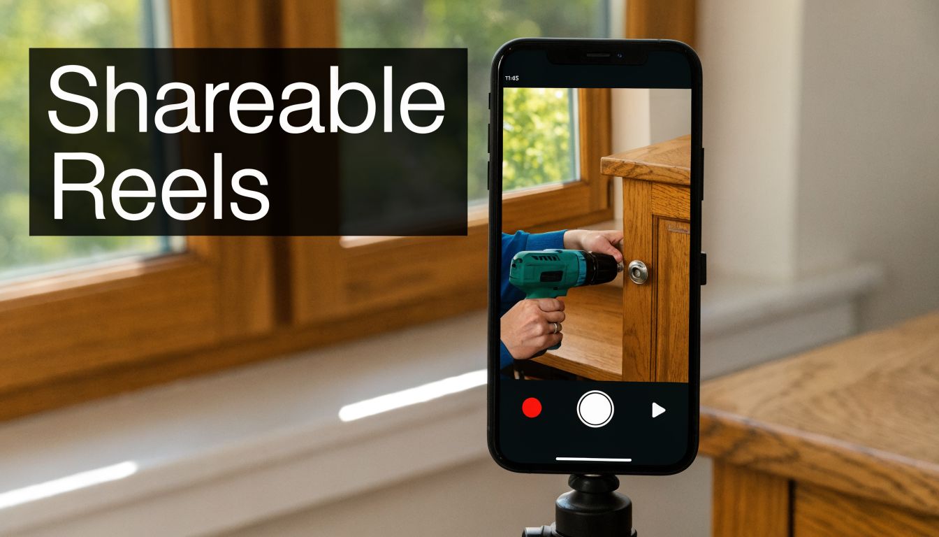A smartphone on a tripod recording a DIY furniture repair project video for social media content.