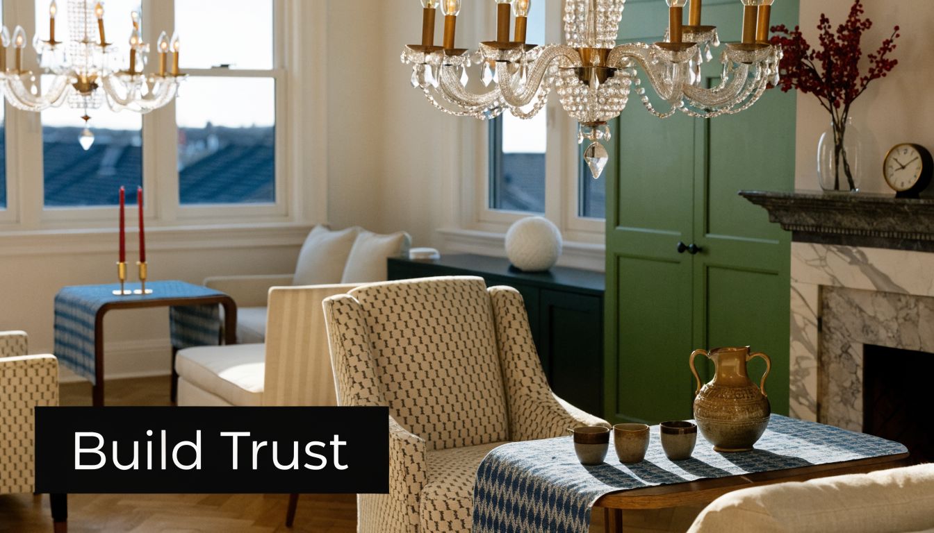 A luxurious, well-decorated living room featuring elegant furniture, crystal chandeliers, and a cozy fireplace setting.