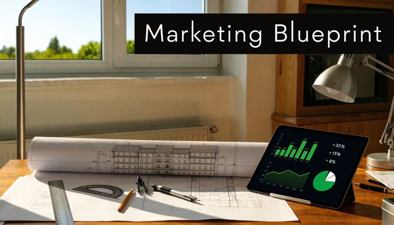 A marketing blueprint workspace with a tablet displaying business growth analytics and architectural floor plans.