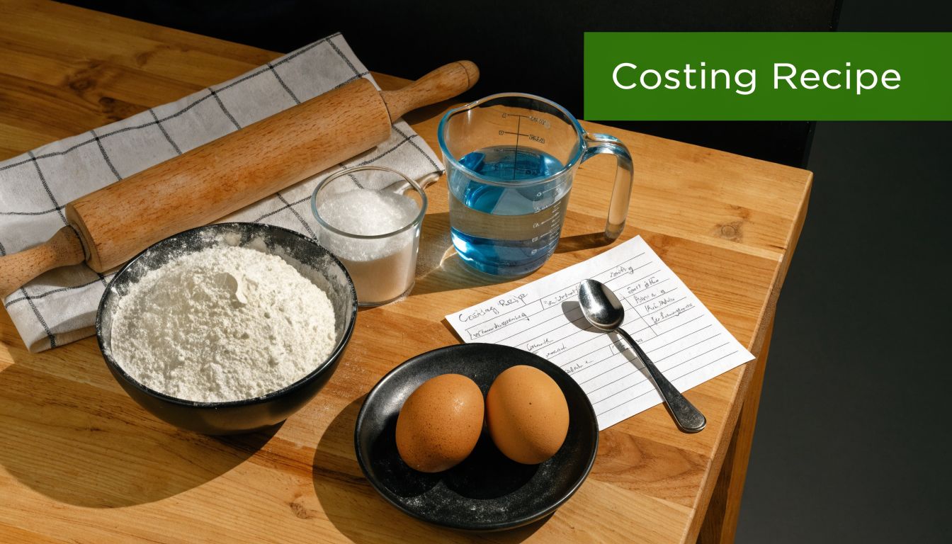 Ingredients for baking and a recipe card on a wooden table for construction job cost accounting.