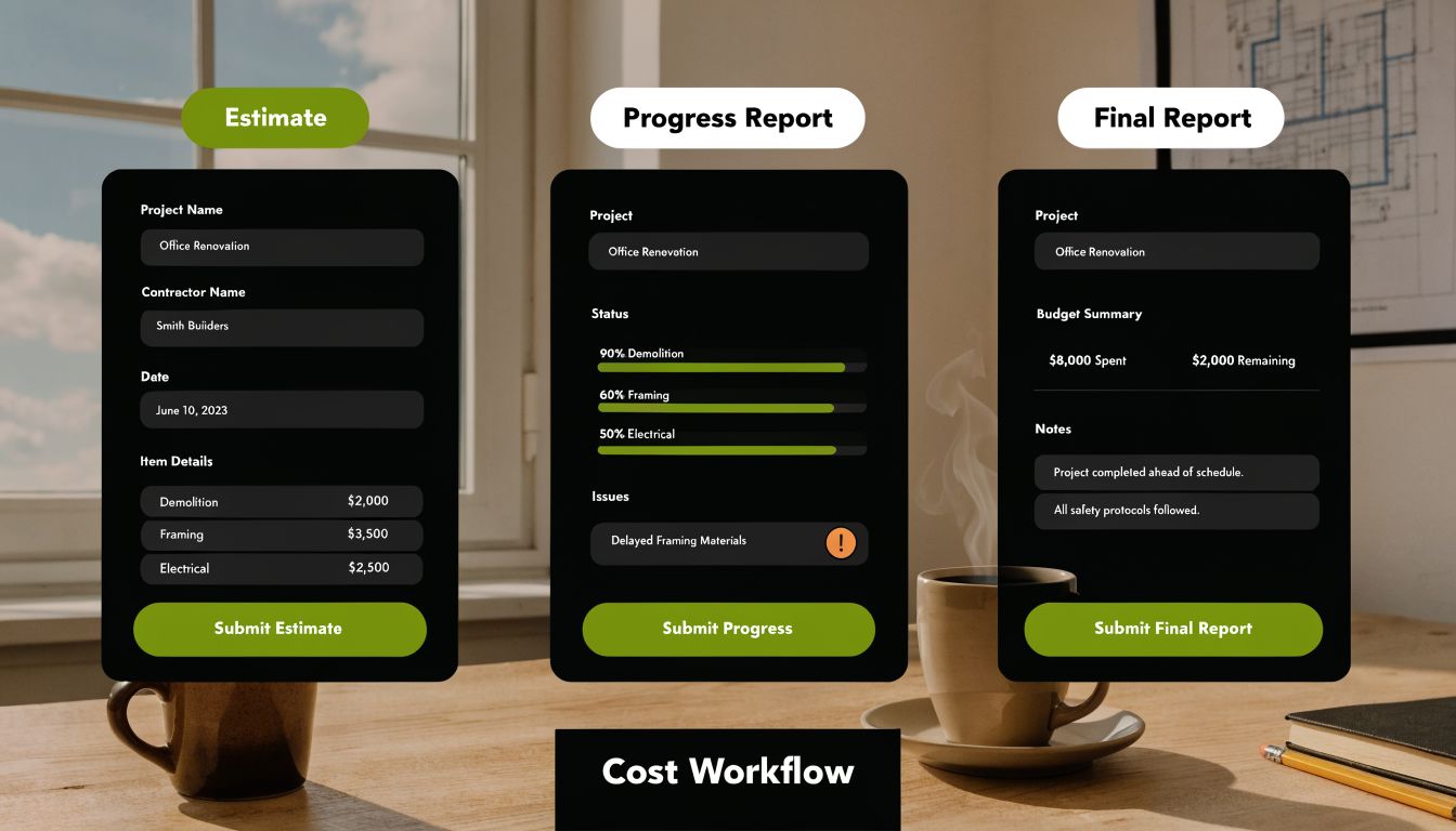 A digital interface displaying three project management forms for office renovation cost tracking and workflow status updates.