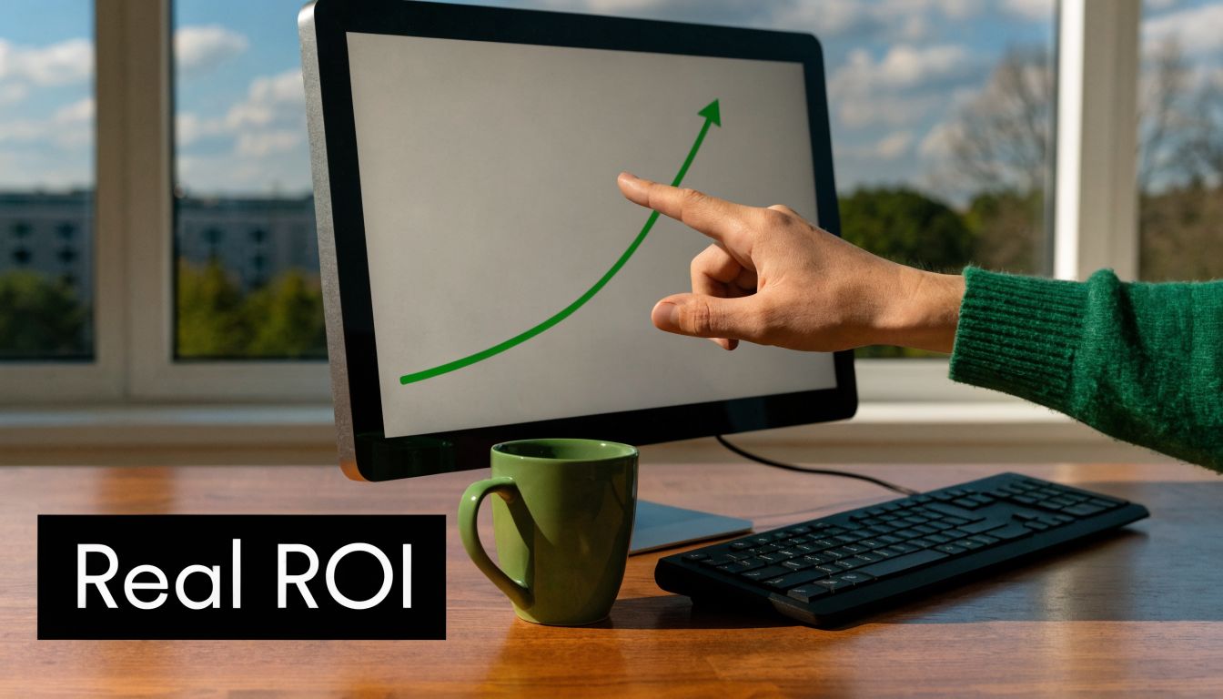 A hand pointing to an upward trending growth chart on a computer screen for business success.