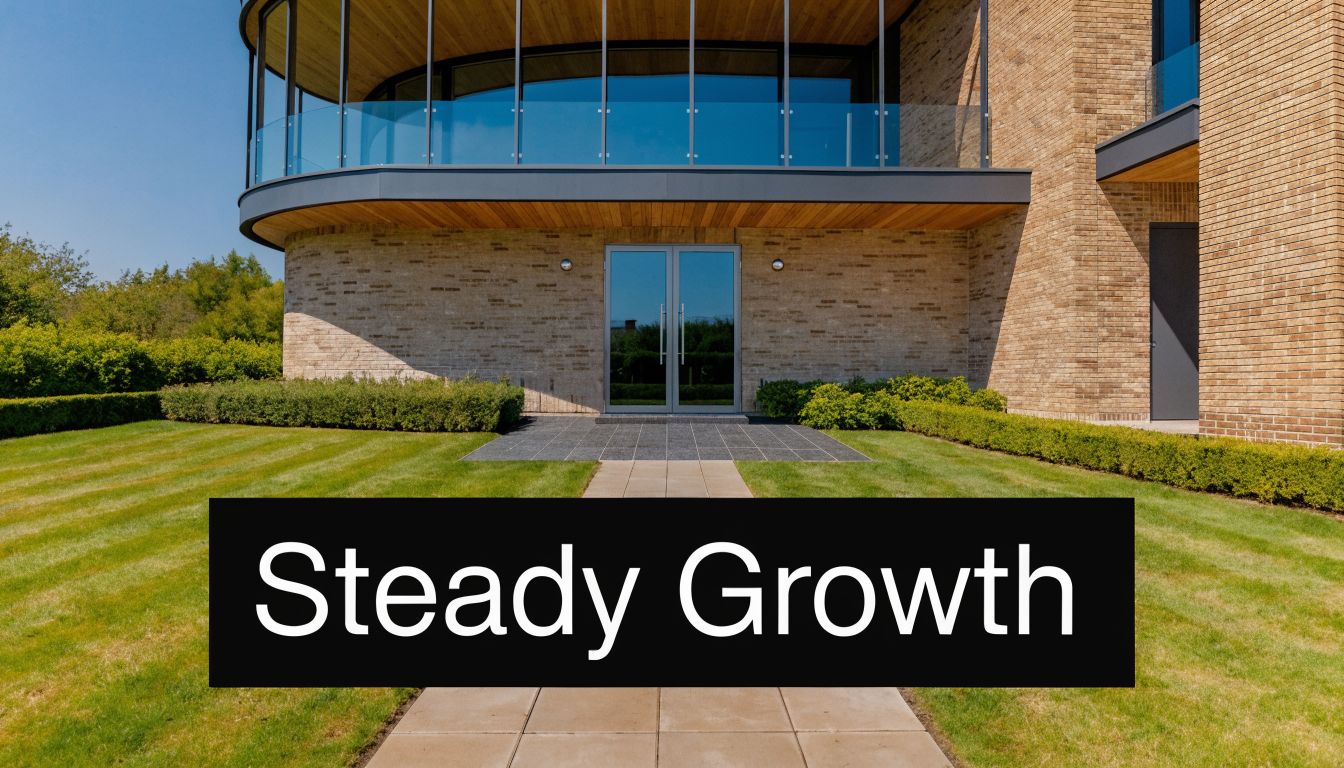A modern luxury home with brick walls, a glass balcony, and a neatly manicured lawn with hedges.