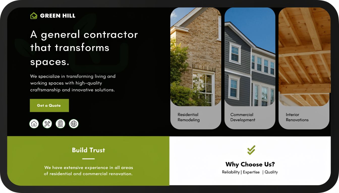 A professional website landing page for Green Hill, a construction contractor specializing in residential and commercial renovations.