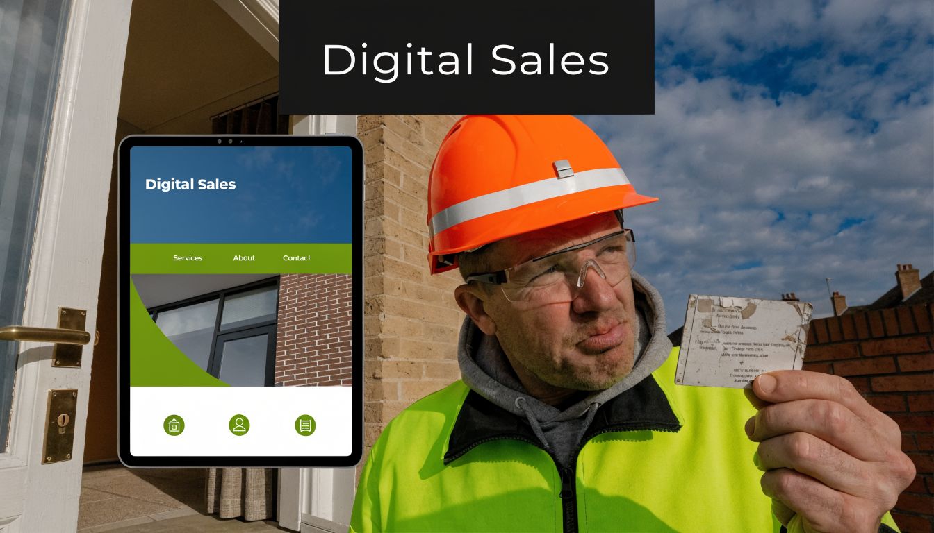 A construction contractor wearing a hard hat examines a digital sales website design on a tablet.