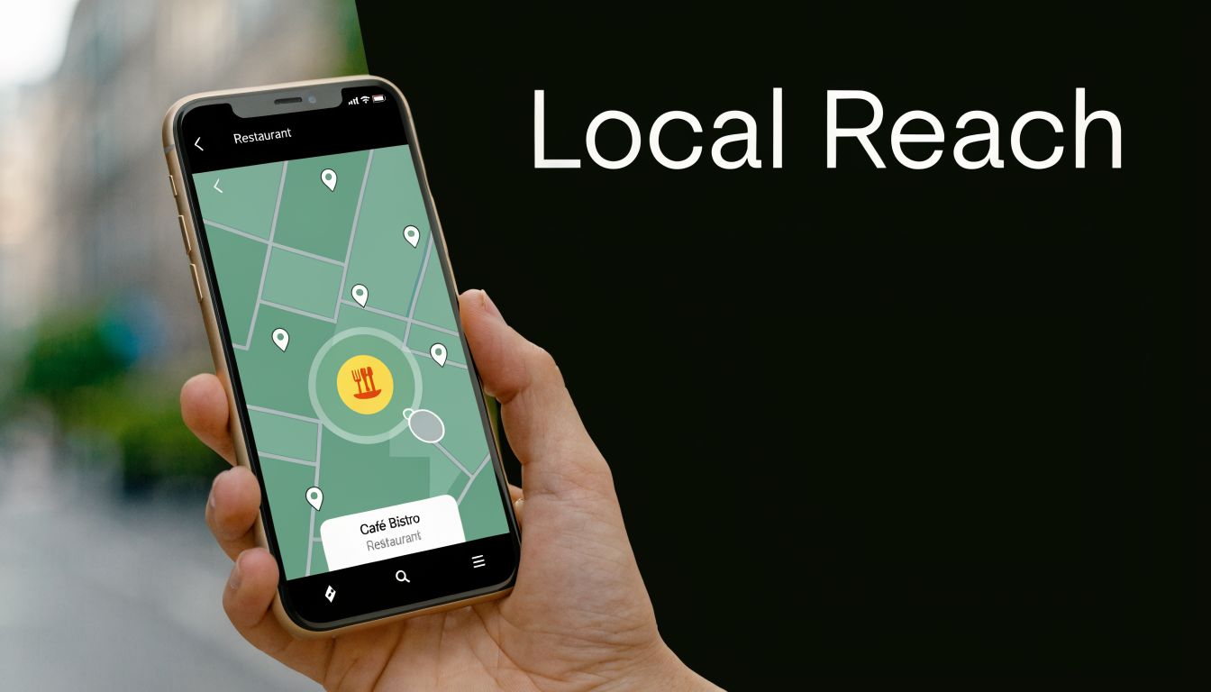 A person holding a smartphone displaying a restaurant location map app on a dark background.