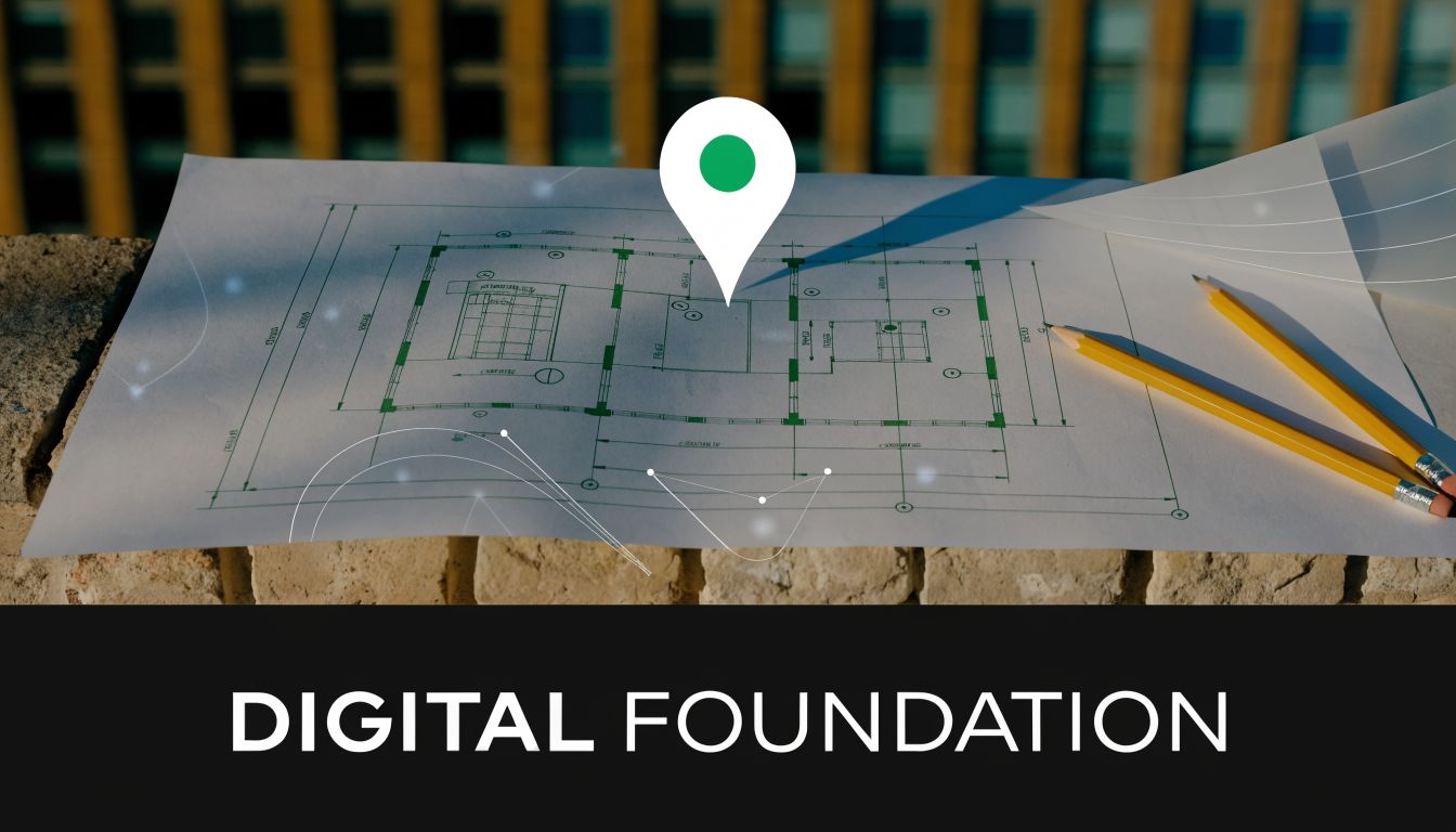 A blueprint of a building plan with a location pin icon and two pencils on a brick surface.