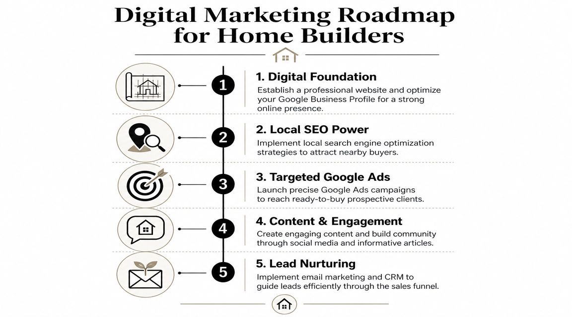 A step-by-step roadmap infographic outlining five essential digital marketing strategies for home building businesses.