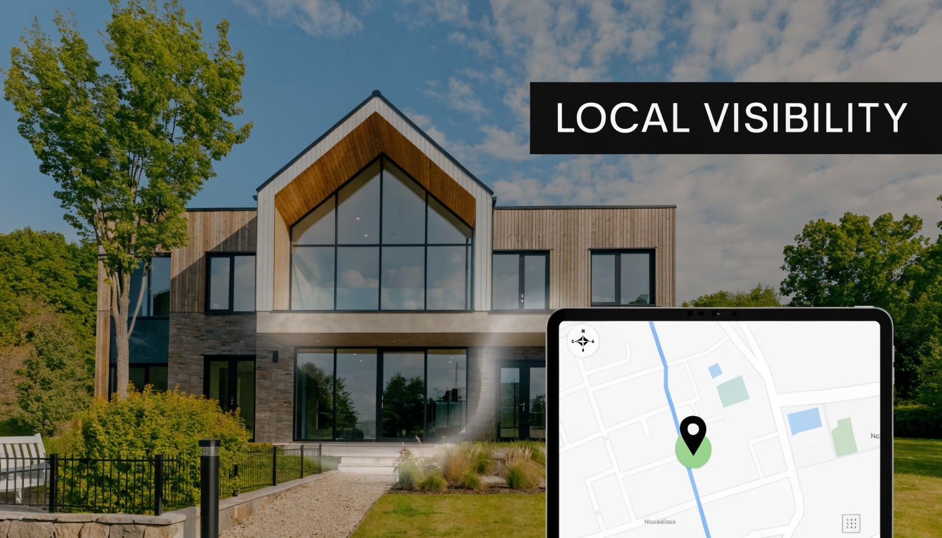A modern luxury home featuring large windows with a tablet displaying a map for local SEO visibility.