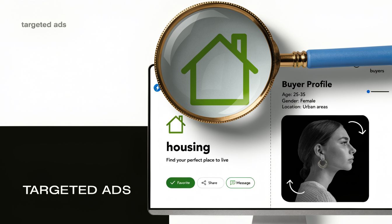 A computer screen showing a housing advertisement being magnified with a focus on target buyer profile demographics.