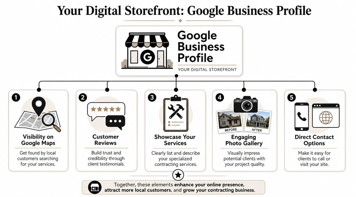 An infographic illustrating five key benefits of a Google Business Profile for general contracting businesses.