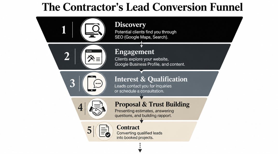 A five-step contractor lead conversion funnel diagram illustrating the process from initial discovery to signed project contracts.