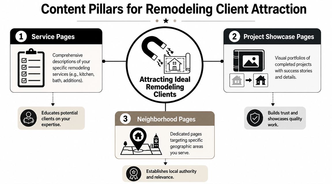 A diagram illustrating three core content pillars for attracting remodeling clients through SEO and strategic website pages.