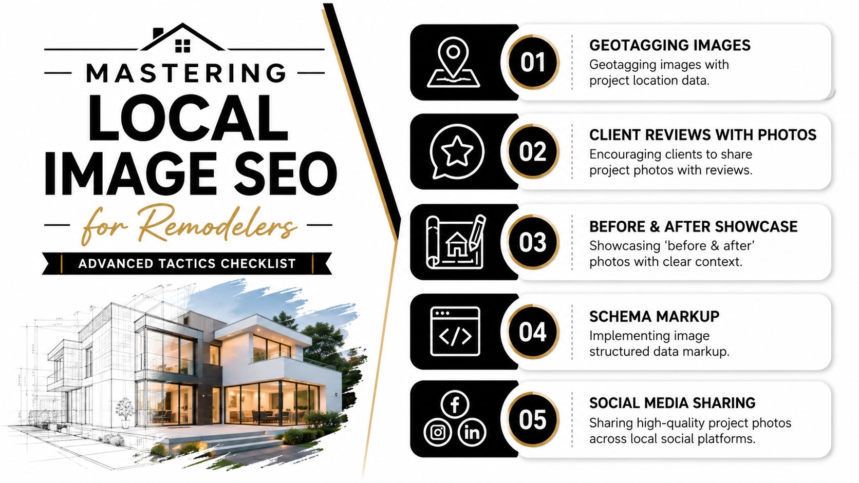 A checklist infographic titled Mastering Local Image SEO for Remodelers listing five advanced image optimization tactics.