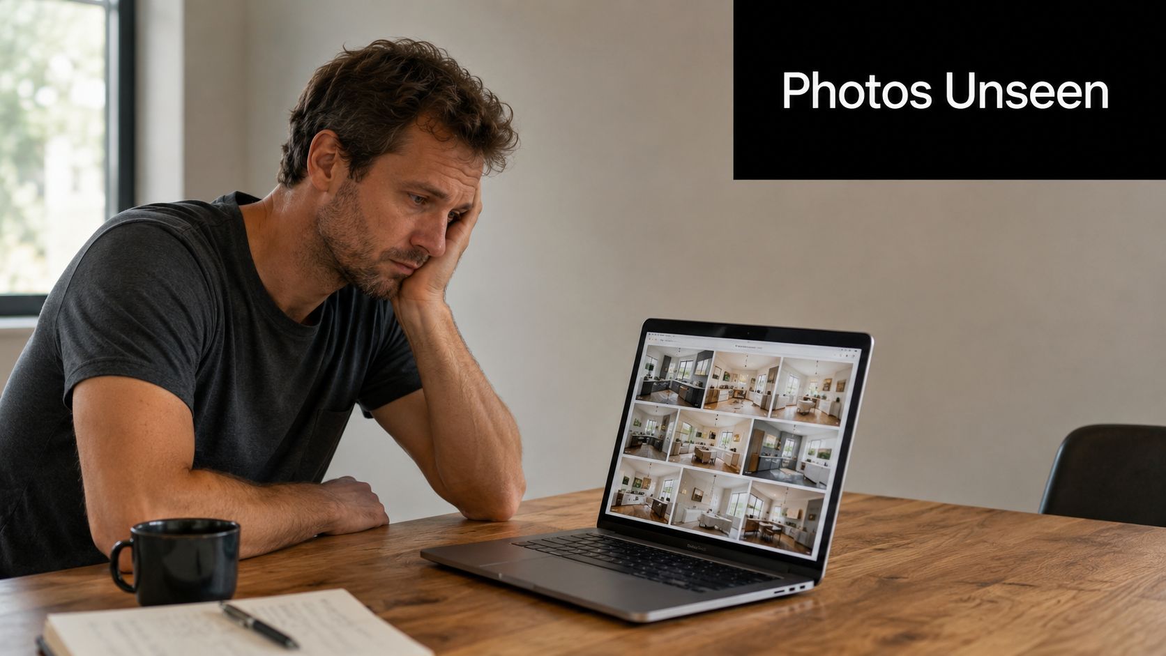 A tired, stressed man looking at interior design photos of homes on a laptop screen.