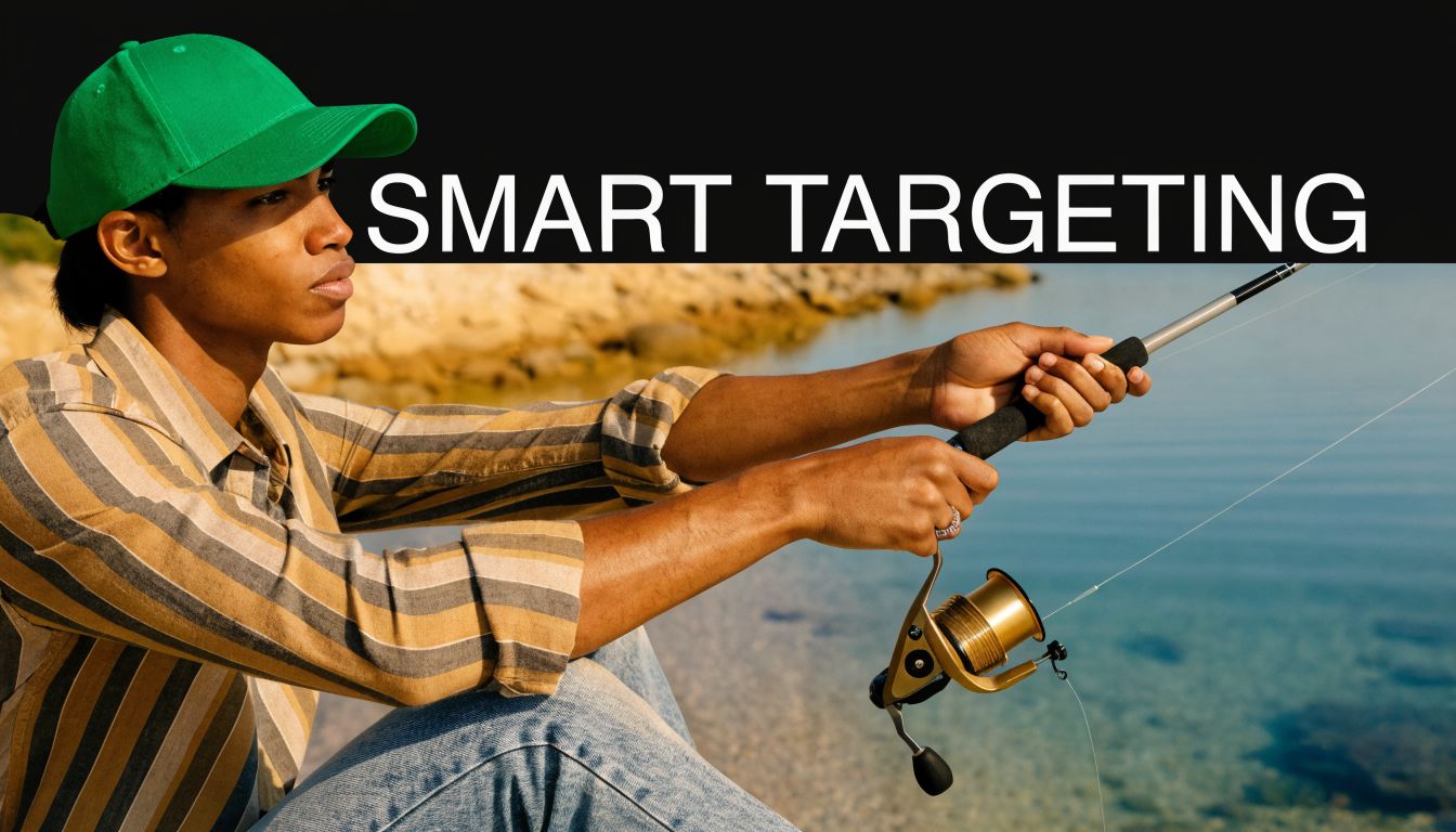 A young man wearing a green hat holds a fishing rod while sitting by a calm lake.