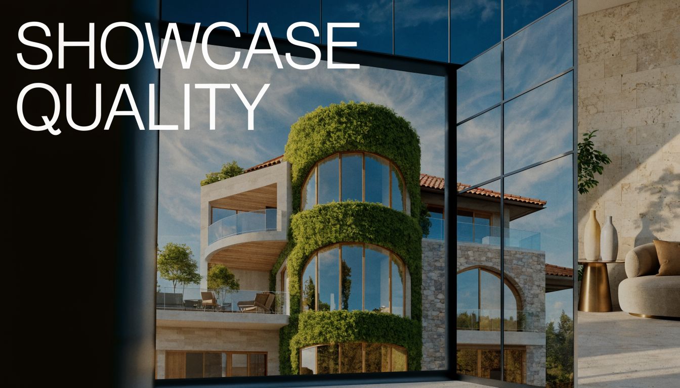 A modern luxury villa with lush greenery facade reflecting in a large glass window pane display.
