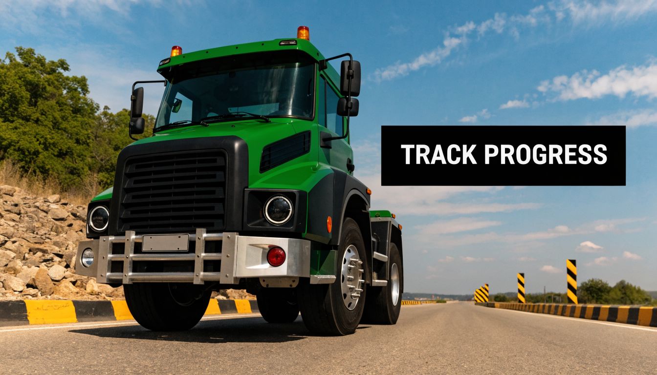 A modern green semi truck driving on a highway with the text Track Progress in the background.