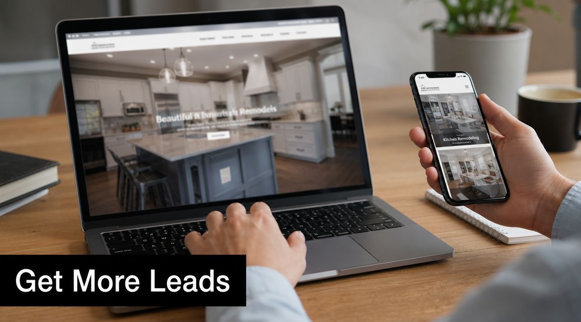 A person using a laptop and smartphone to research professional home improvement marketing strategies for their business.