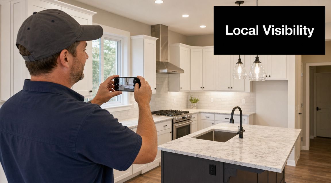 A professional contractor taking a photo of a modern renovated kitchen with his smartphone.