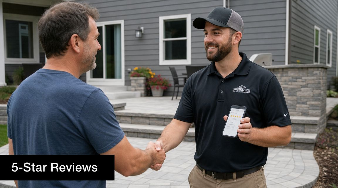 A professional service worker shakes hands with a homeowner while showing a five-star review on his smartphone.